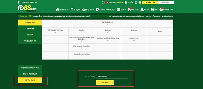 Bước 1 nạp tiền FB88 qua mã thẻ đại lý